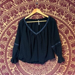 Free People Black Blouse with Blue Detailing